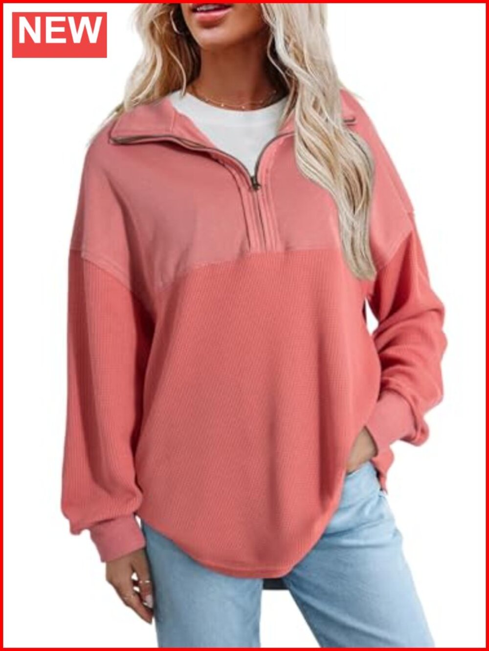 SHEWIN Women Half Zip Pullover Oversized Sweatshirt Polyester Cotton Top